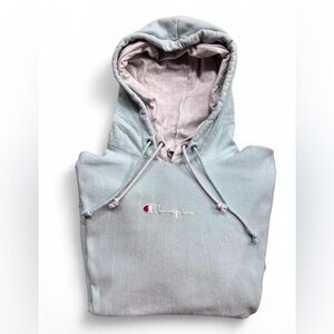 Champion Reverse Weave Light Blue Double Hoodie with Logo